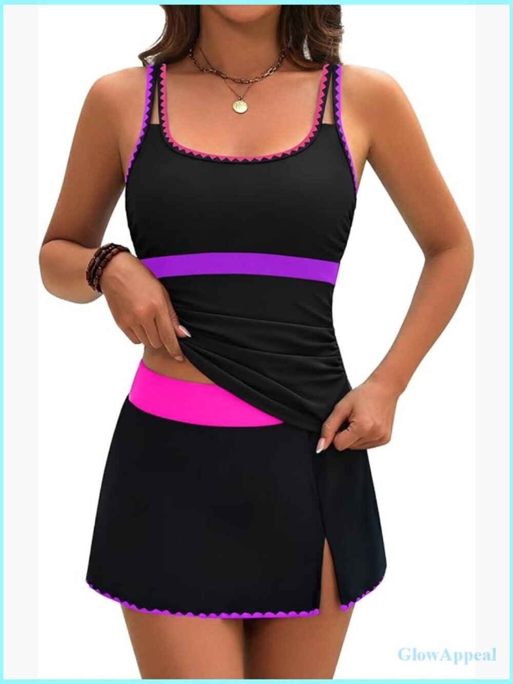 Women's Tankini Swimsuits Tummy Control Two Piece Modest Swim Skirt Color Block
